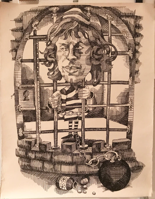 Caricature of Mick Jagger of the Rolling Stones in jail, c.1967