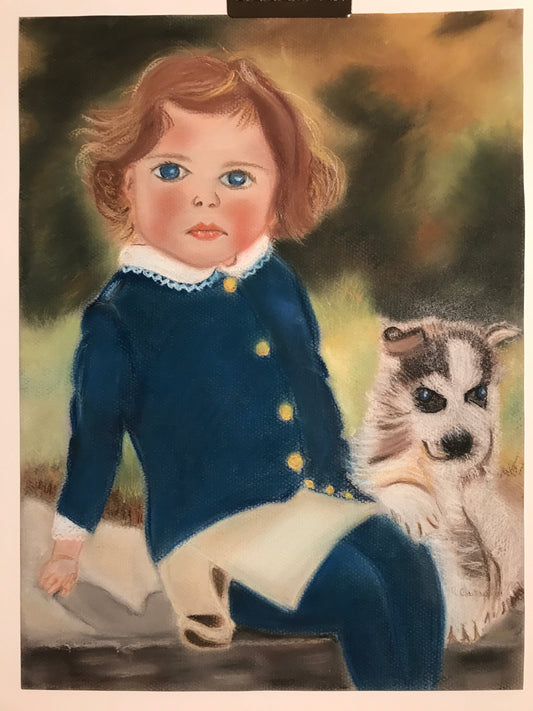 Original Folk Art-style Pastel Drawing - Boy in Blue with Dog