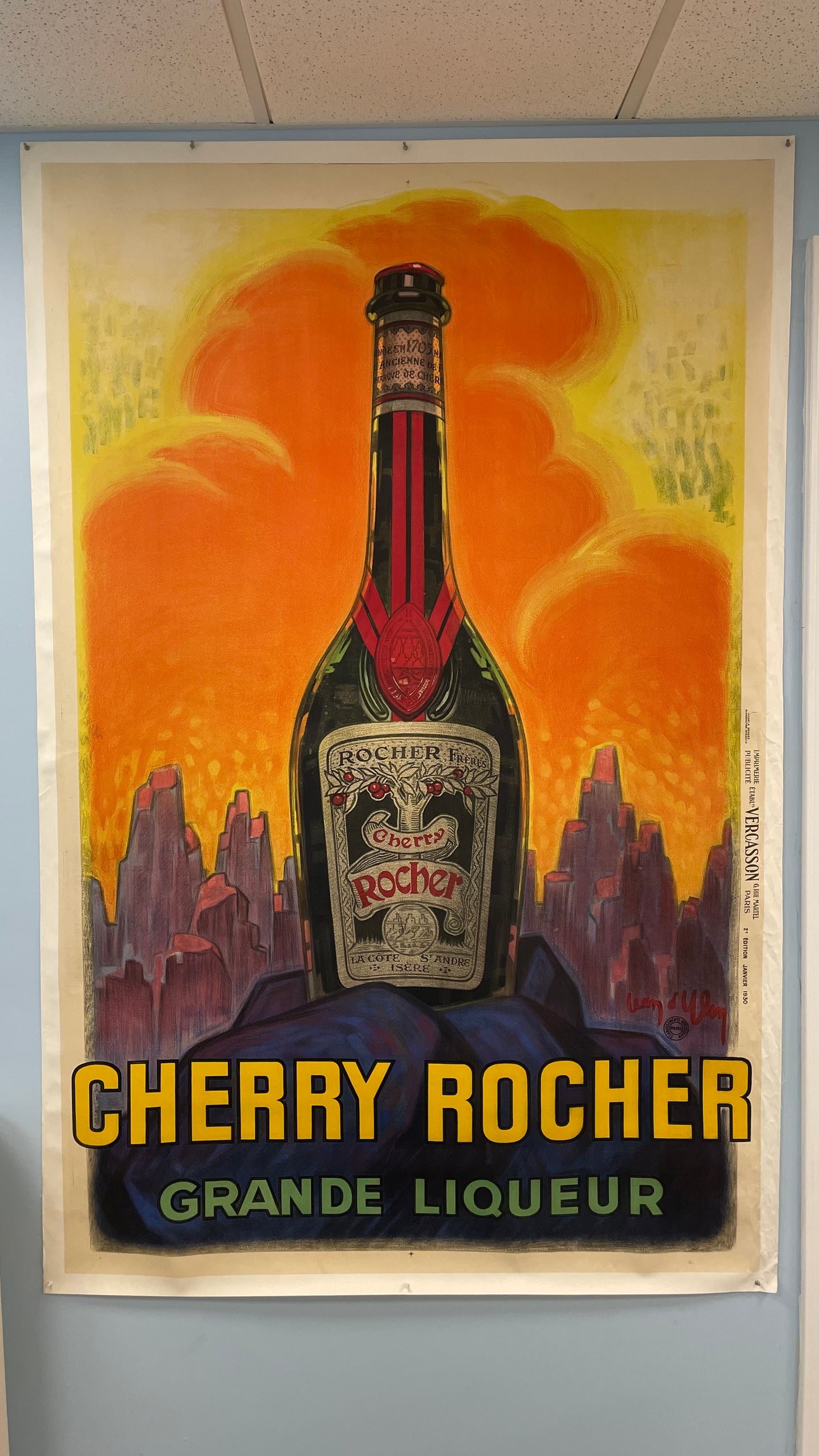 Cherry Rocher French Liqueur Original Oversized Stone Lithograph Poster by the legendary artist Jean D’ylen from 1930