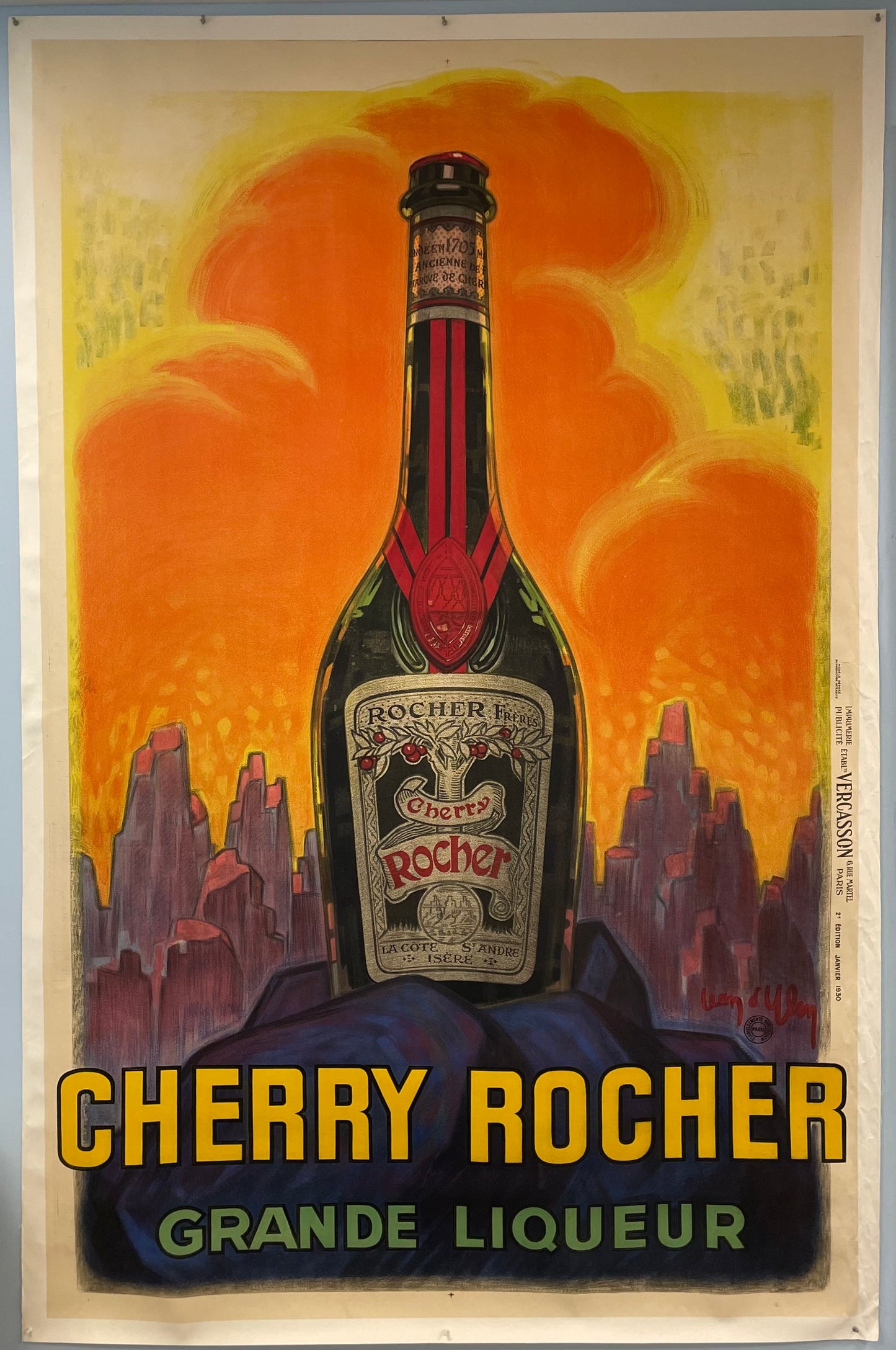 Cherry Rocher French Liqueur Original Oversized Stone Lithograph Poster by the legendary artist Jean D’ylen from 1930