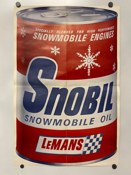 Vintage Snobil Snowmobile Oil - Le Mans, High Performance Engines Oil Racing advertising poster, 1960s