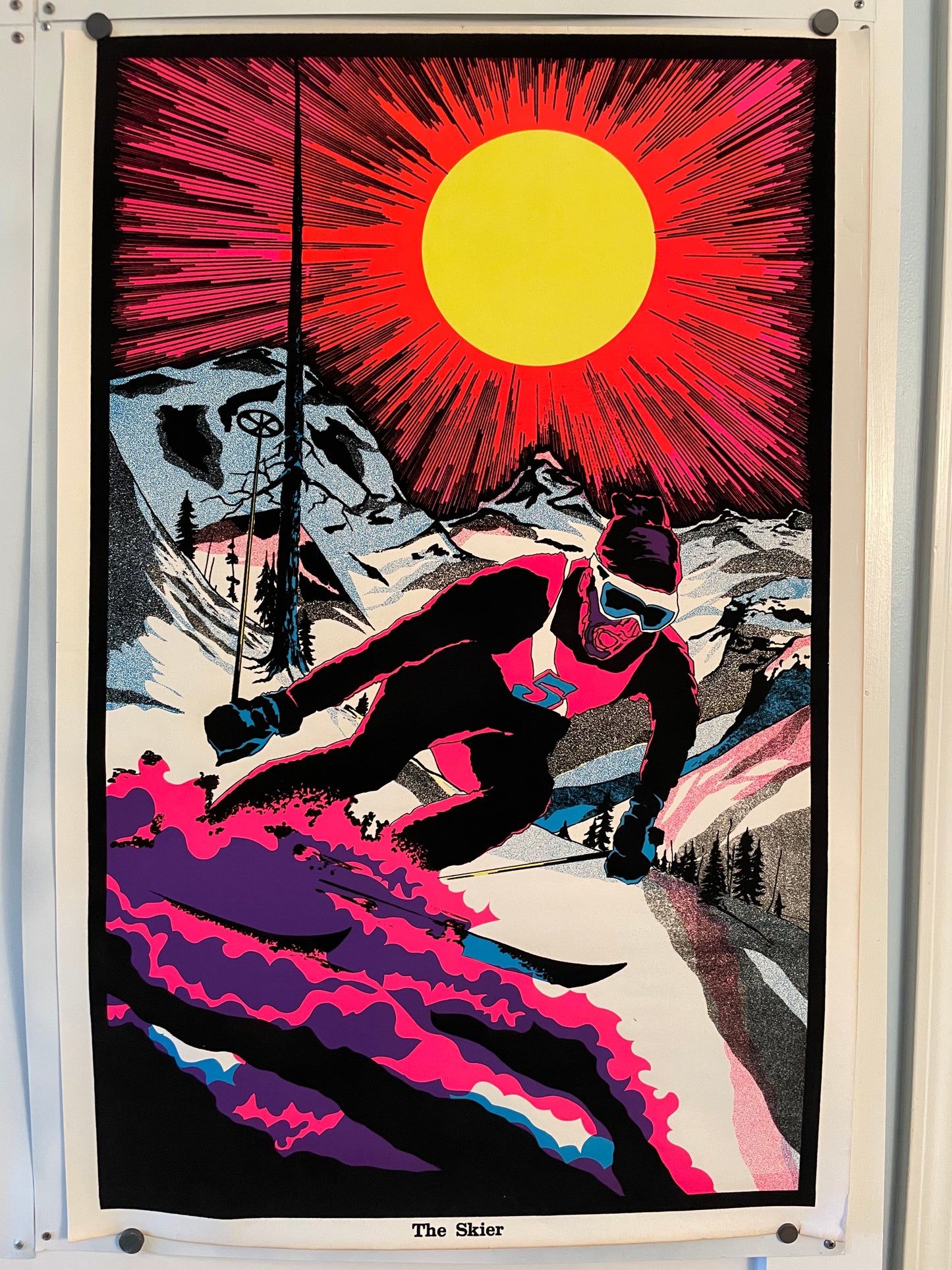 The Skier Psychedelic Flocked Blacklight Vintage Poster c. 1970