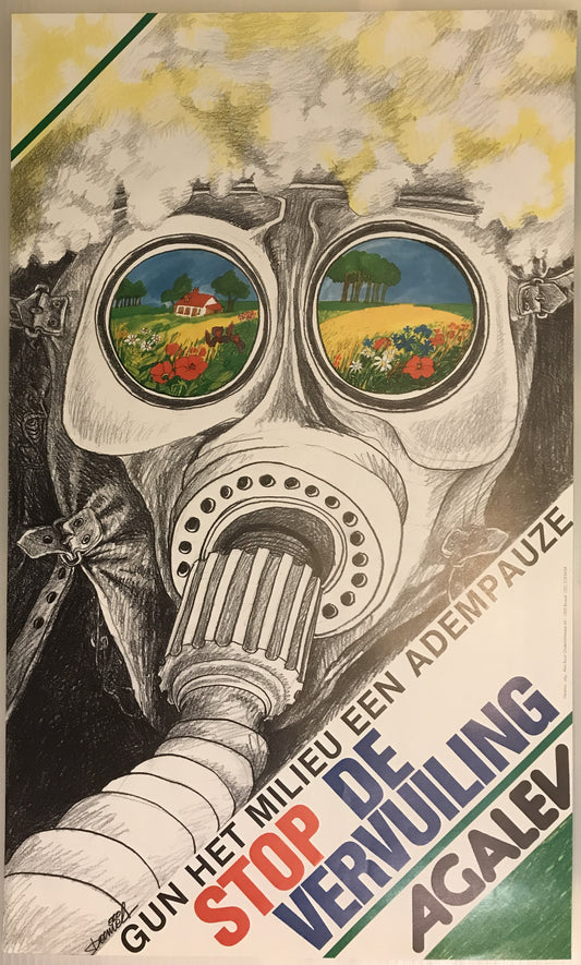 Stop de Vervuiling - Agalev, Belgian environmental poster, c.1987 (gas mask)