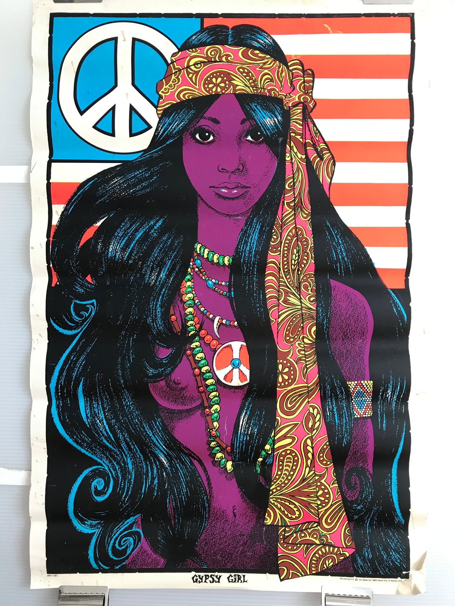 Gypsy Girl, vintage blacklight hippie poster, c.1969