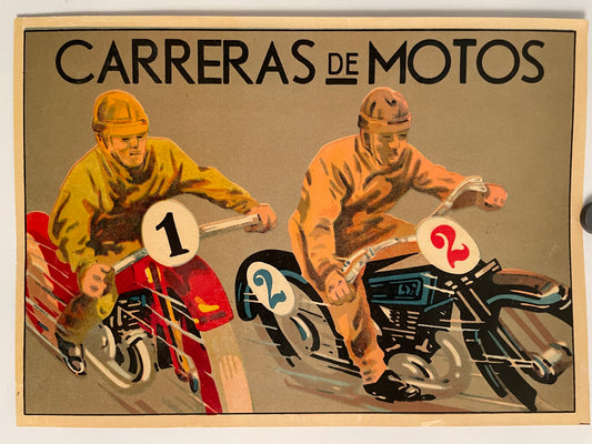 Carreras de Motos, antique Spanish motorcycle racing poster, c.1940s