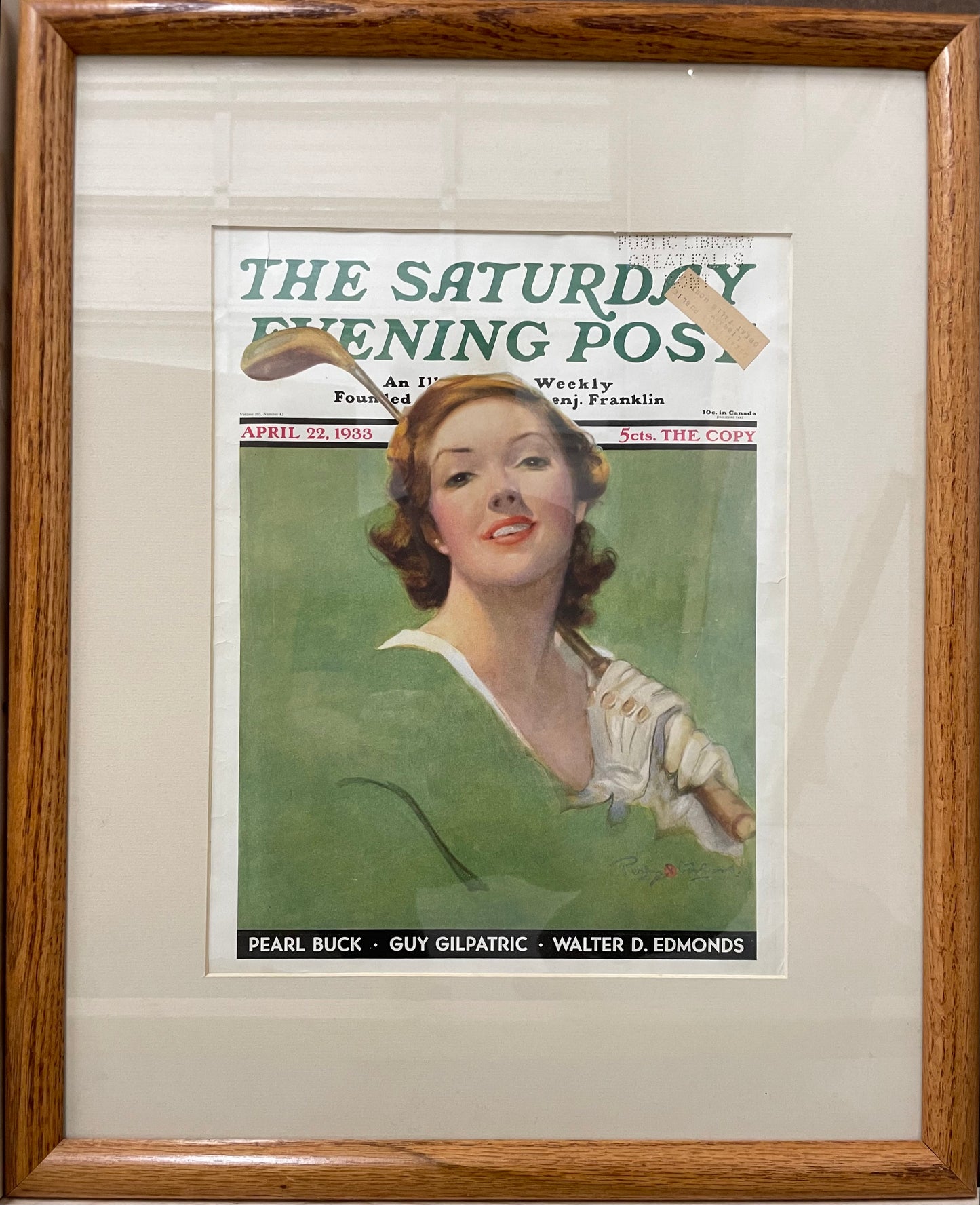 Portrait of Lady Golfer, framed vintage Saturday Evening Post cover, April 22, 1933