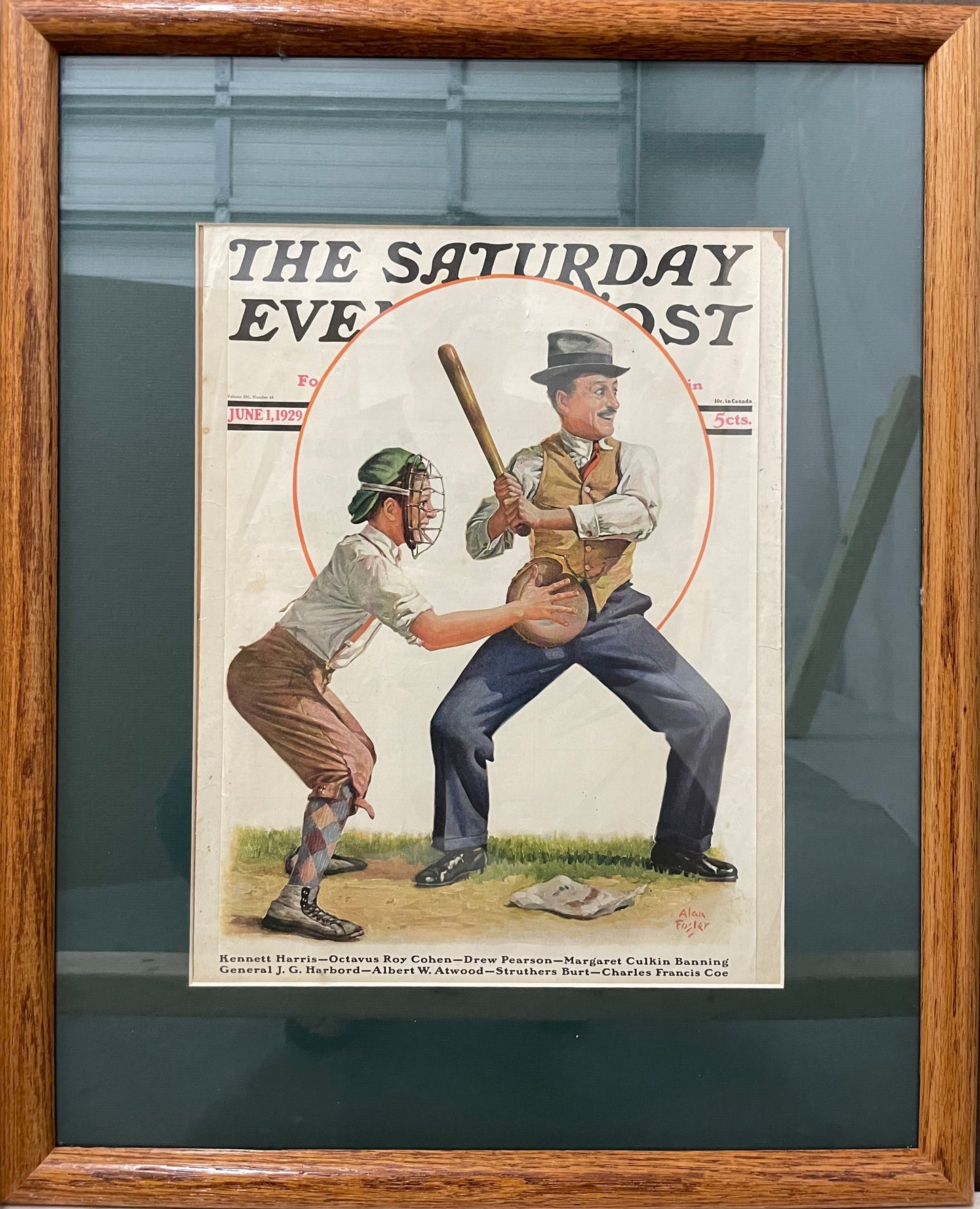 Dad at Bat, framed vintage Saturday Evening Post cover, June 1, 1929