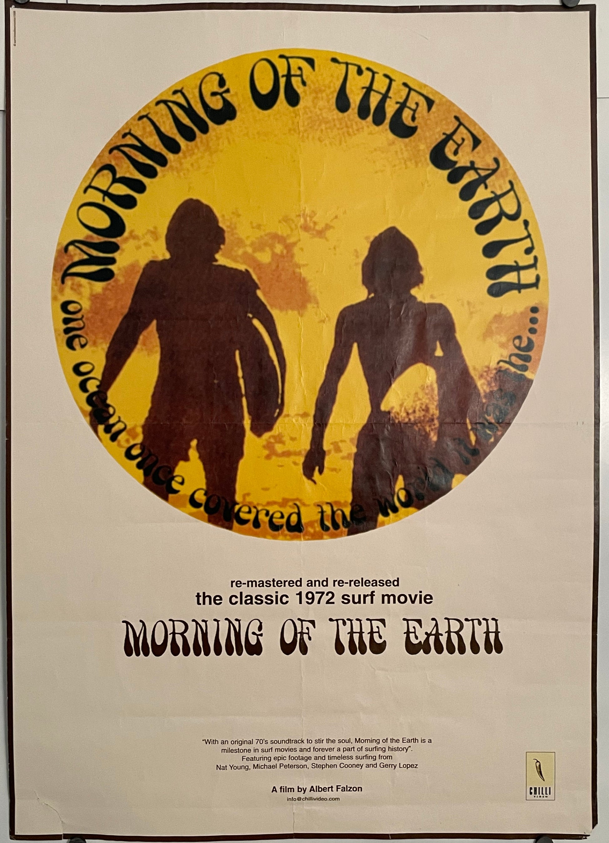 Morning of the Earth, vintage film poster showing Rusty Miller and Stephen Cooney standing on the edge of the reef at Uluwatu and the cusp of surfing history in 1971.