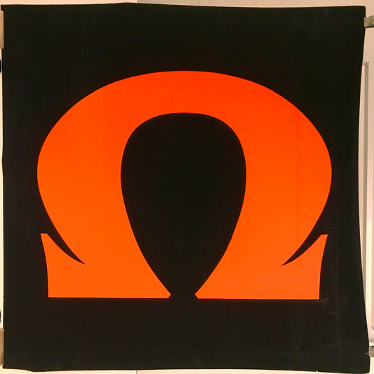 Omega symbol, Greek alphabet vintage silk screen typographic black light poster, c. 1970