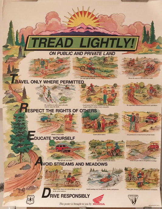 Tread Lightly, vintage environmental driving announcement poster endorsed by Honda, for the Department of Interior and Department of Agriculture, c.1994