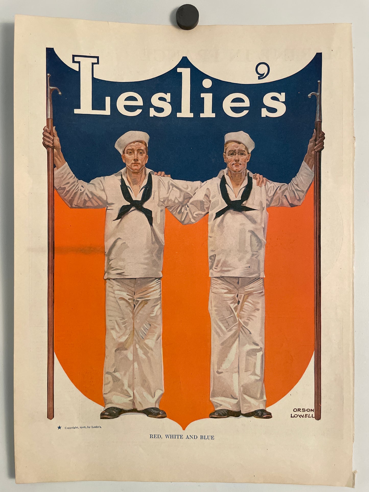 Leslie’s- Red, White and Blue, antique lithographic magazine cover by Orson Lowell, 1918