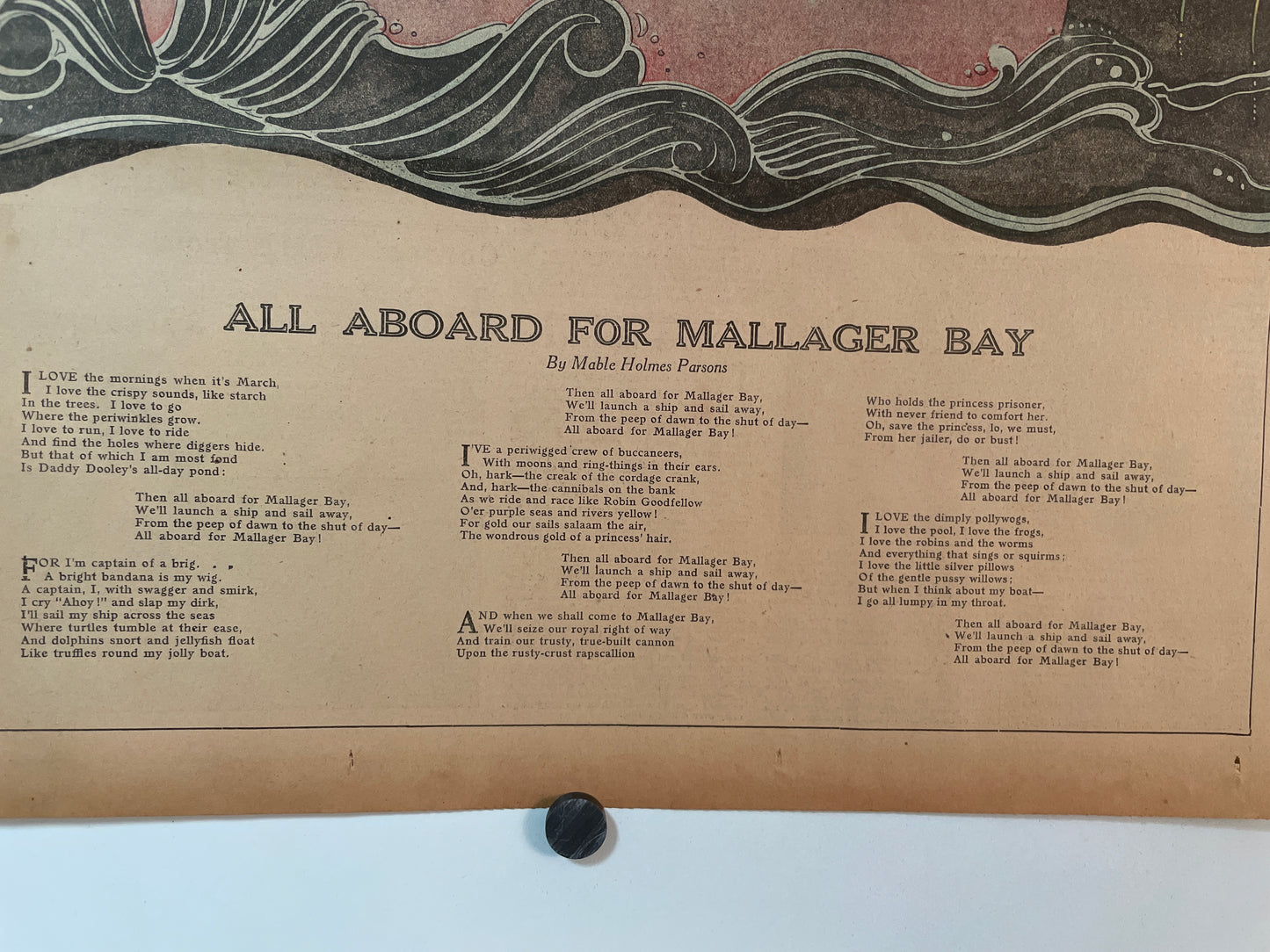 All Aboard for Mallager Bay, antique offset lithographic insert for Oregon Journal Magazine, 1924