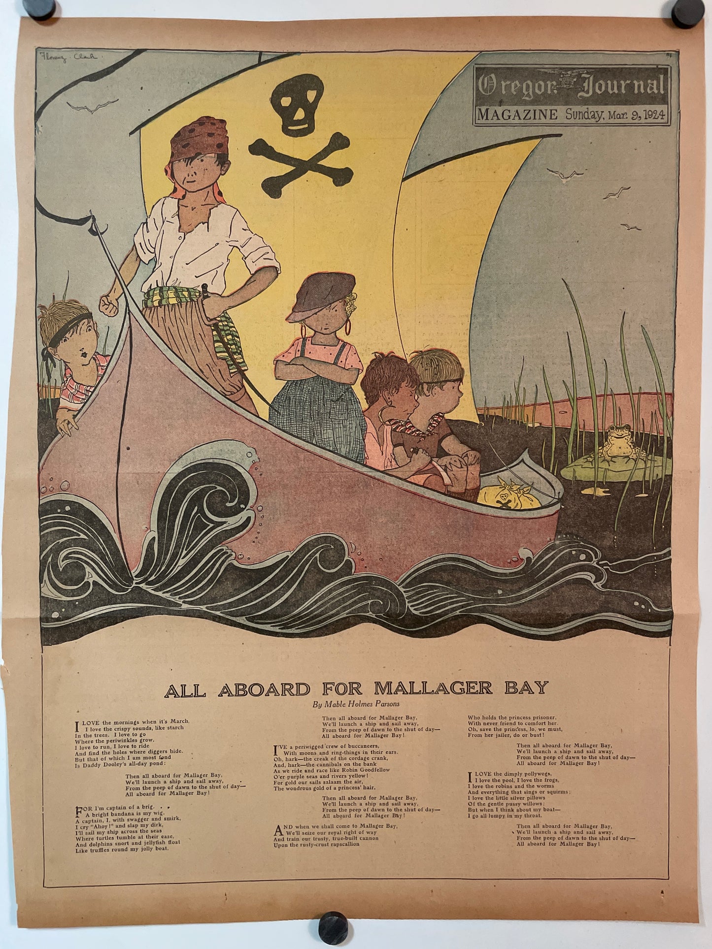 All Aboard for Mallager Bay, antique offset lithographic insert for Oregon Journal Magazine, 1924